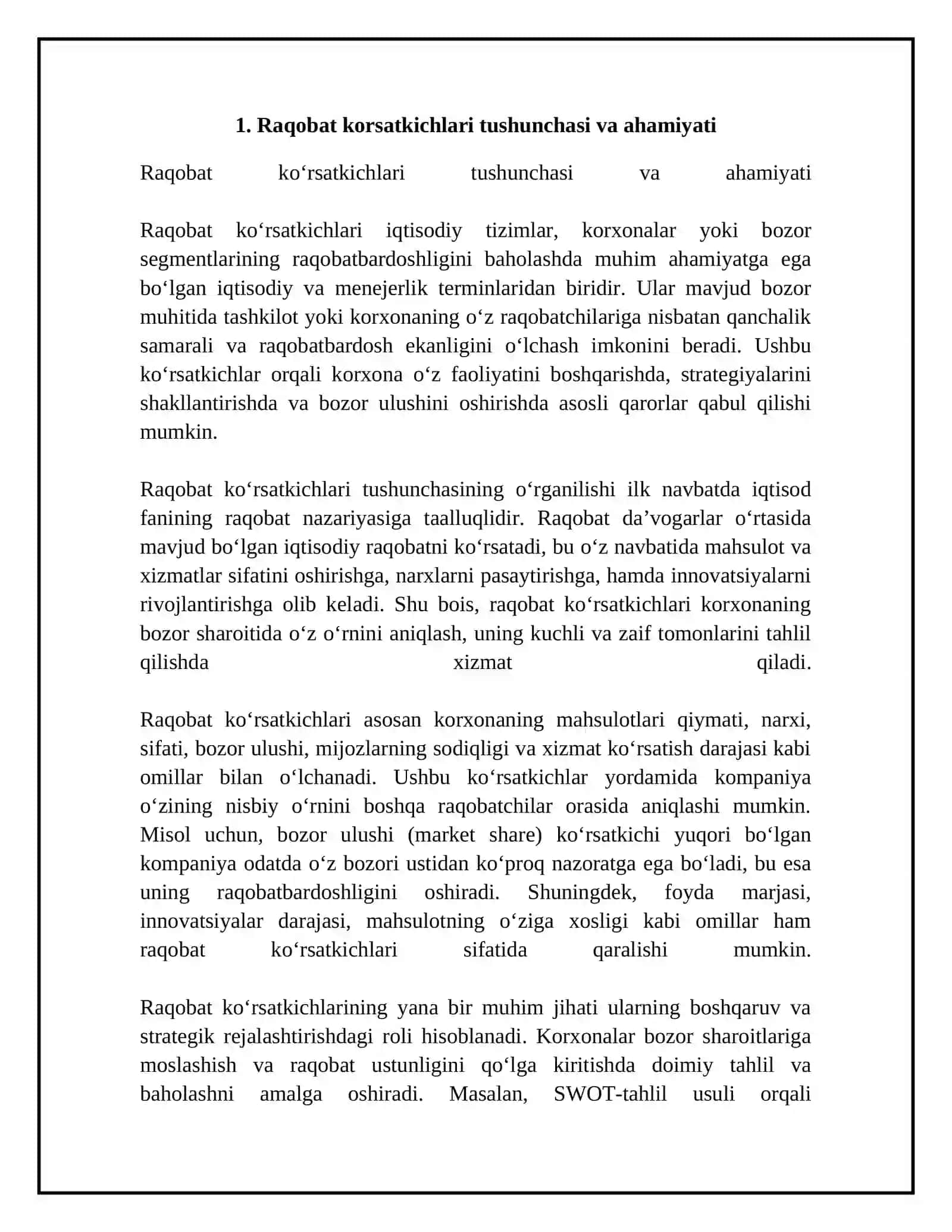 Raqobat korsatkichlari darajasi va ularni aniqlovchi omillar 4