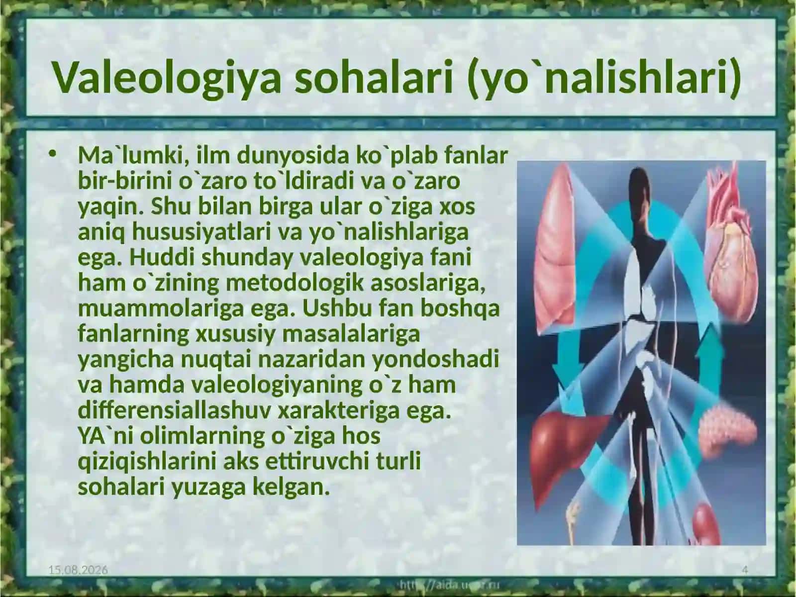 Insonekologiyasi haqidazamonaviytasavvur Ekologikvaleologiyasibiogenjihatlar Ekologikvaleologiyasotsiogenjihatlar Insonfaoliyatsub’ektisifatida Adabtivo’zgarishlarvasalomatlikningbahosi EKOLOGIK VALEOLOGIYA MUAMMOLARI Valeologiya sohalari (yo`nalishlari) 4