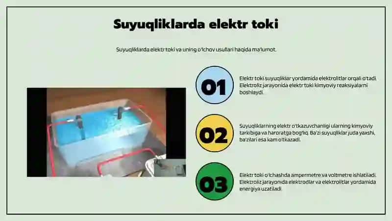 Suyuqliklarda elektr toki. Faradey qonunlari. Elektroliz va uningqo’llanilishi» mavzusini o’tish metodikasi. 4