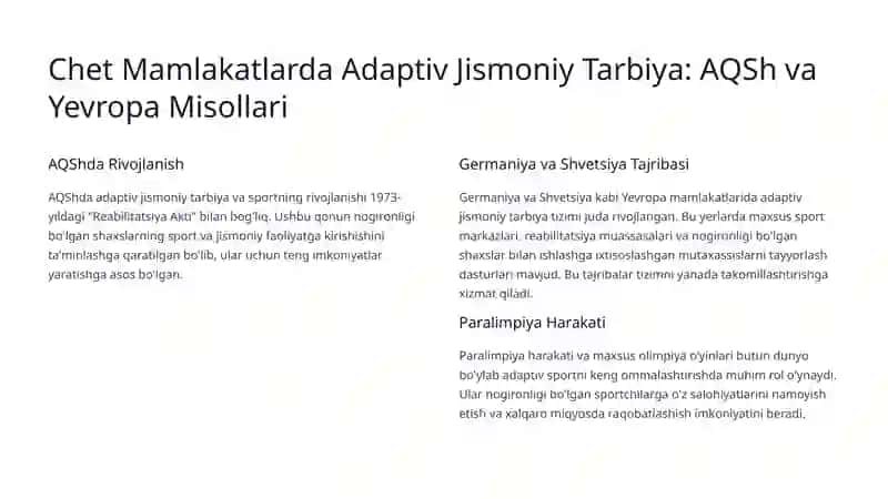 Chet Mamlakatlarda Adaptiv Jismoniy Tarbiya Tizimi Tajribasi va O‘zbekistonda Qo‘llash Imkoniyatlari 4