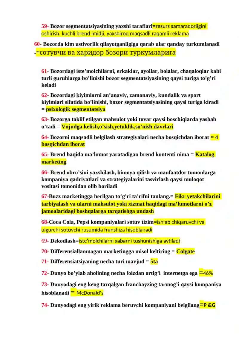 Principles of Marketing fanidan yakuniy nazorat testlari - JAVOBLARI 4