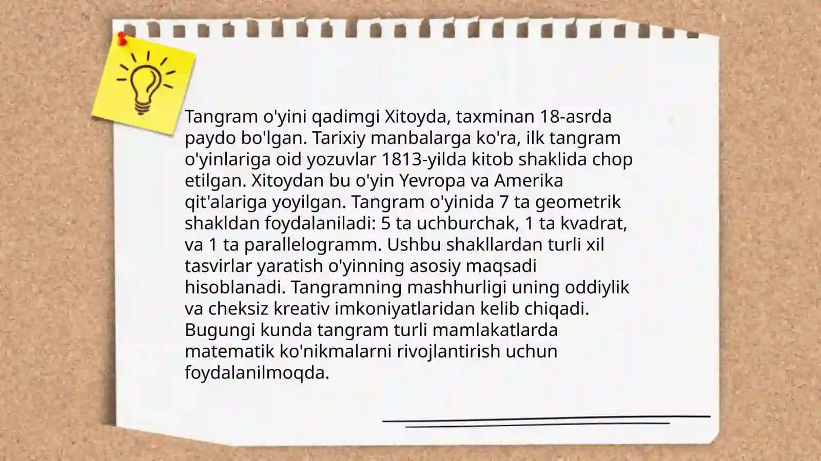 Oddiy geometrik shakillar va ulardan aplikatsiyalar yasash.”Tangram”o’yini 4