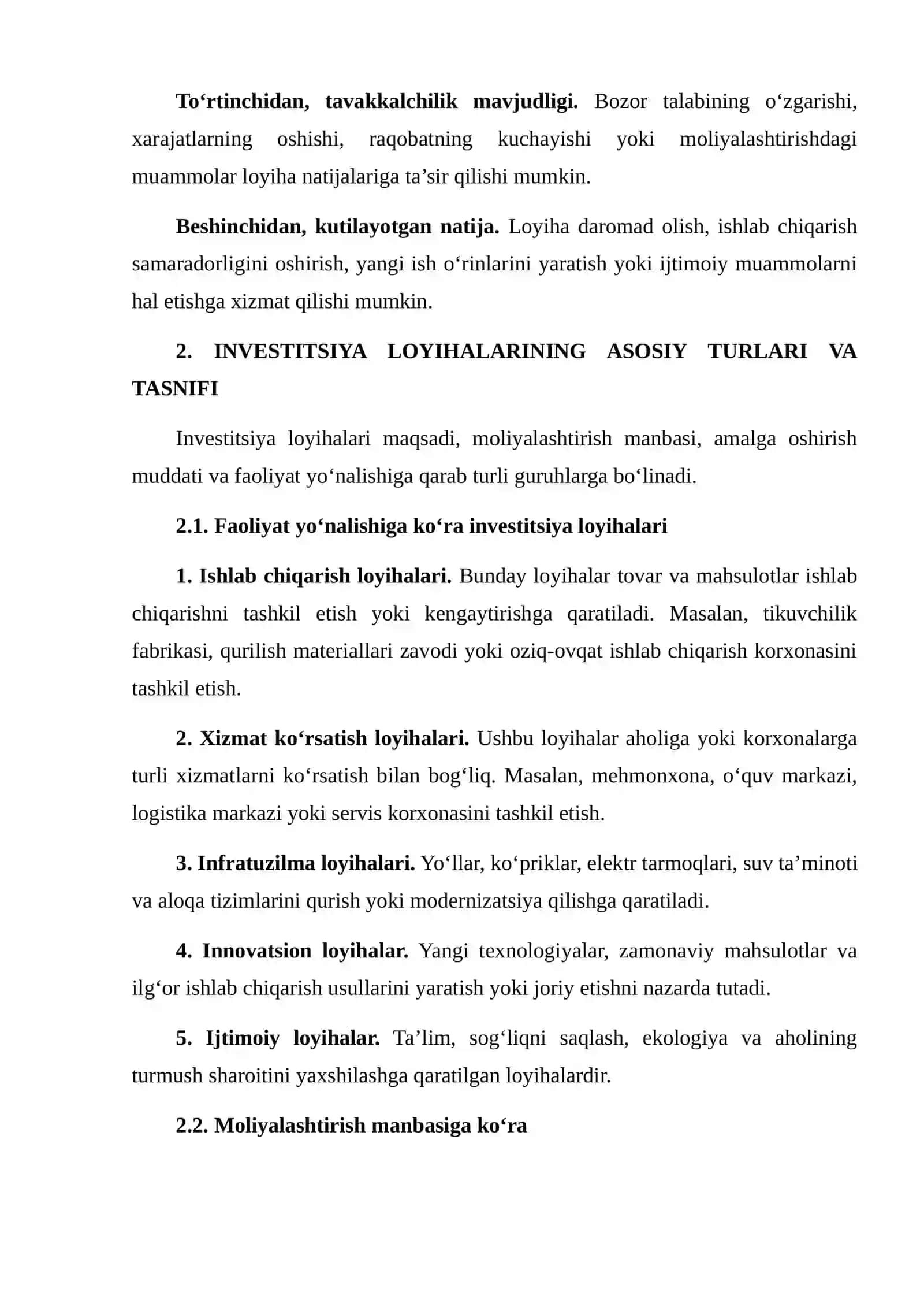 INVESTITSIYA LOYIHASI TUSHUNCHASI VA HAYOTIY SHAKLI 4