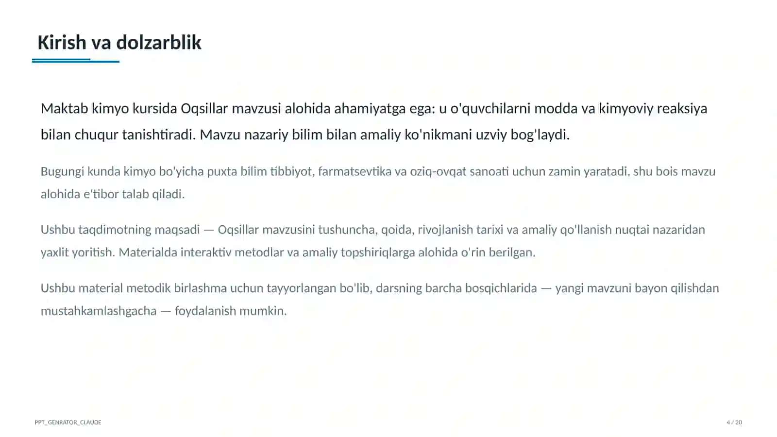Oqsillar (11-sinf) Kimyo (7–11) — metodik birlashma uchun 4