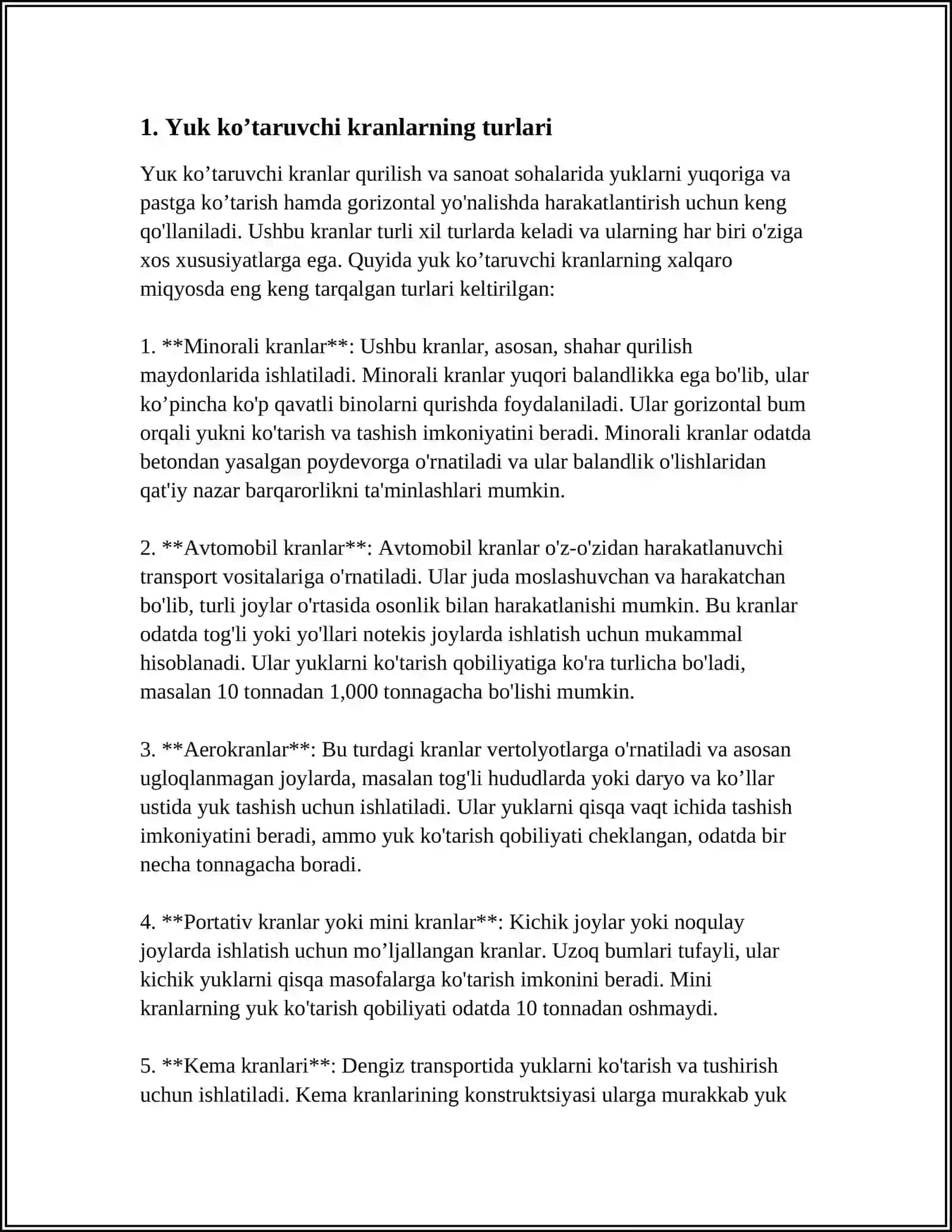 YUK KO’TARUVCHI KRANLAR VA DARAXT TOZALOVCHILAR. SELLYULOZA VA DARAXT MASSASINI OLISH XOM ASHYOSINI SAQLASH VA TAYYORLASH JIHOZLARI 4