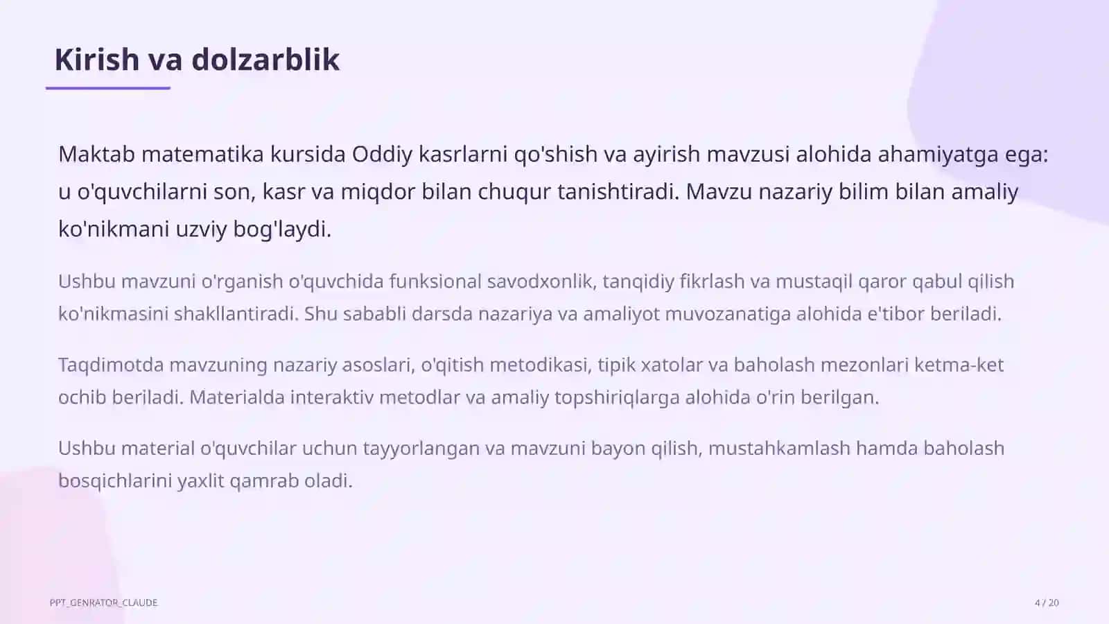 Oddiy kasrlarni qo'shish va ayirish (5-sinf) 4