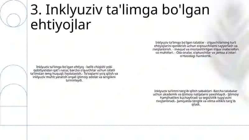 Inklyuziv TaʼLimning Tamoyillari Va Unga BoʻLgan Ehtiyojlar Va Uning Sabablari, Bosqichlari 4