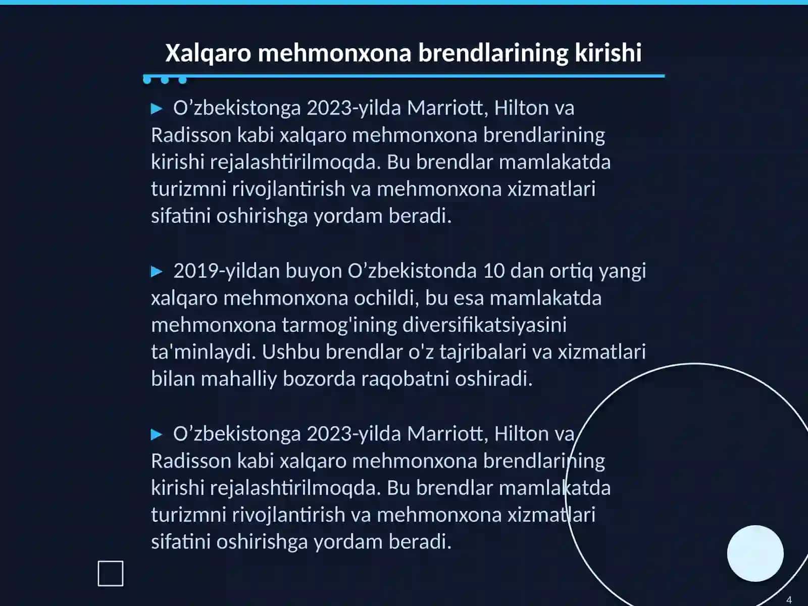 O’zbekistonda xalqaro darajadagi mehmonxona tarmoqlarini rivojlantirish istiqbollari 4