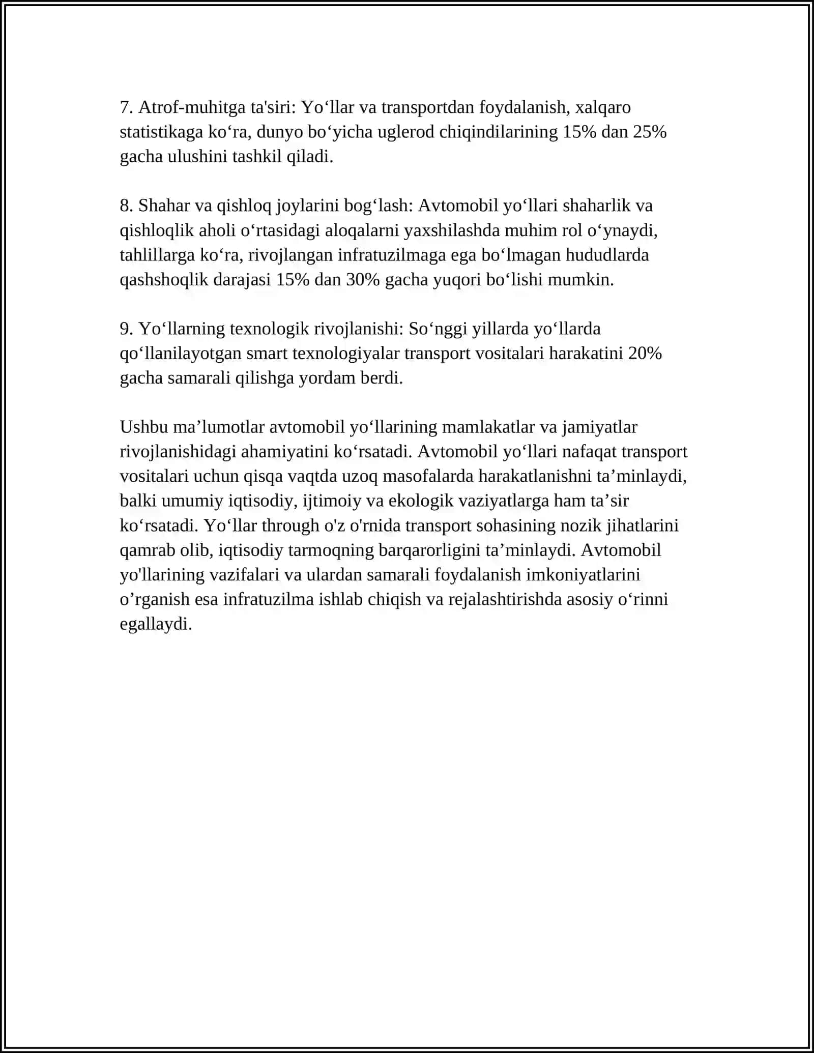 AVTOMOBIL YOʻLLARI HAQIDA UMUMIY TUSHUNCHALAR (OʻZBEKISTON RESPUBLIKASI MISOLIDA) 4