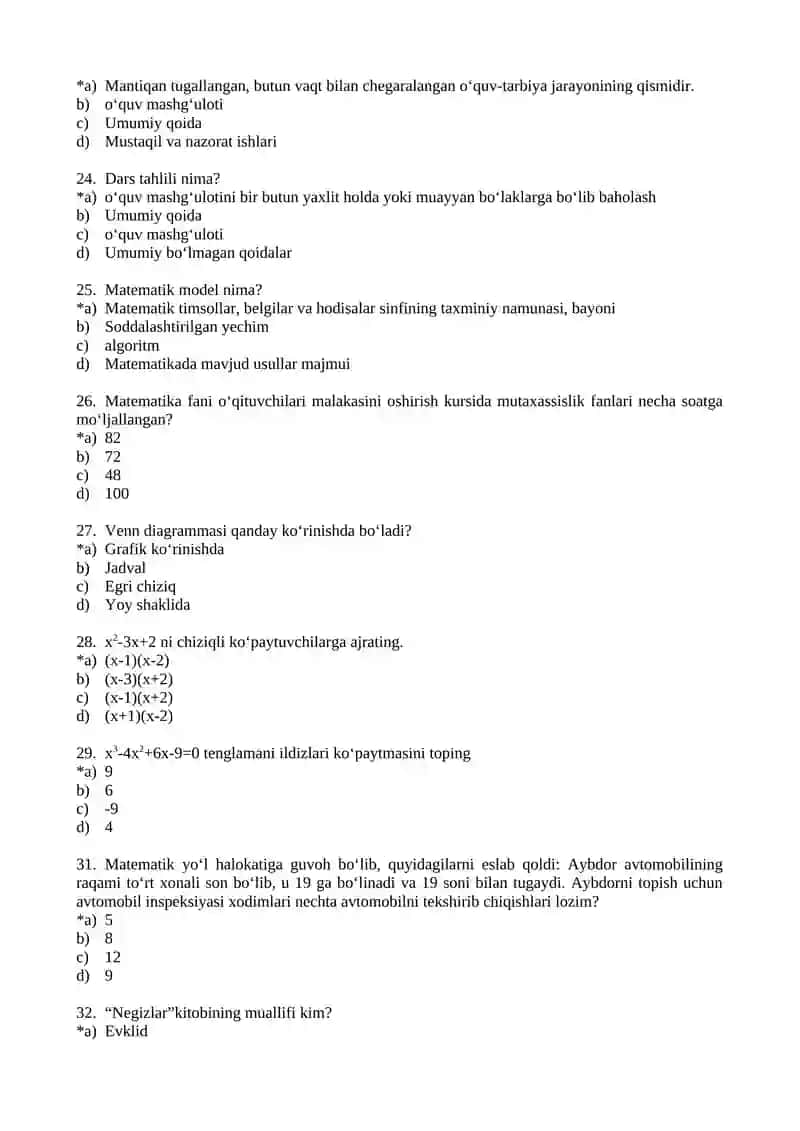 2019 o‘quv yili uchun “Matematika” dan MOK uchun kirish va chiqish testi, oraliq nazorati topshiriqlari 4