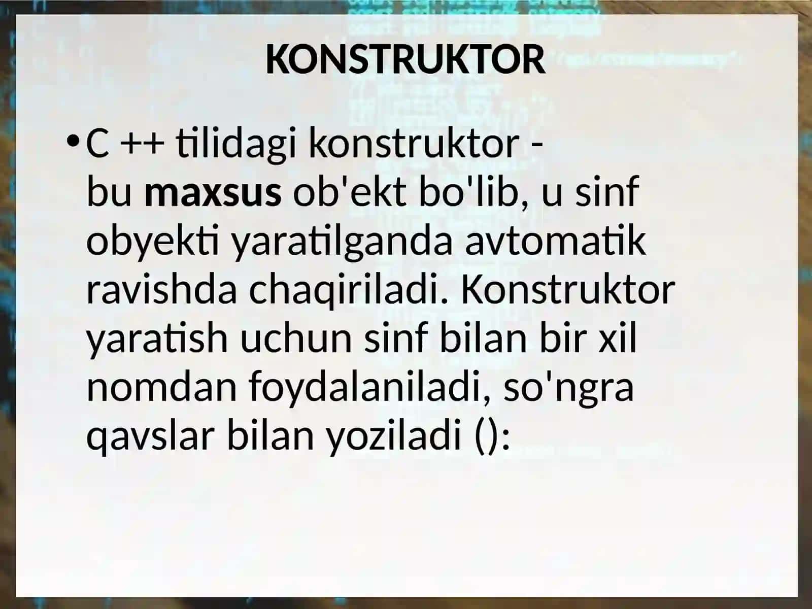 Sinfdagi konstruktor tushunchasi, konstruktorni qayta yuklash. 4