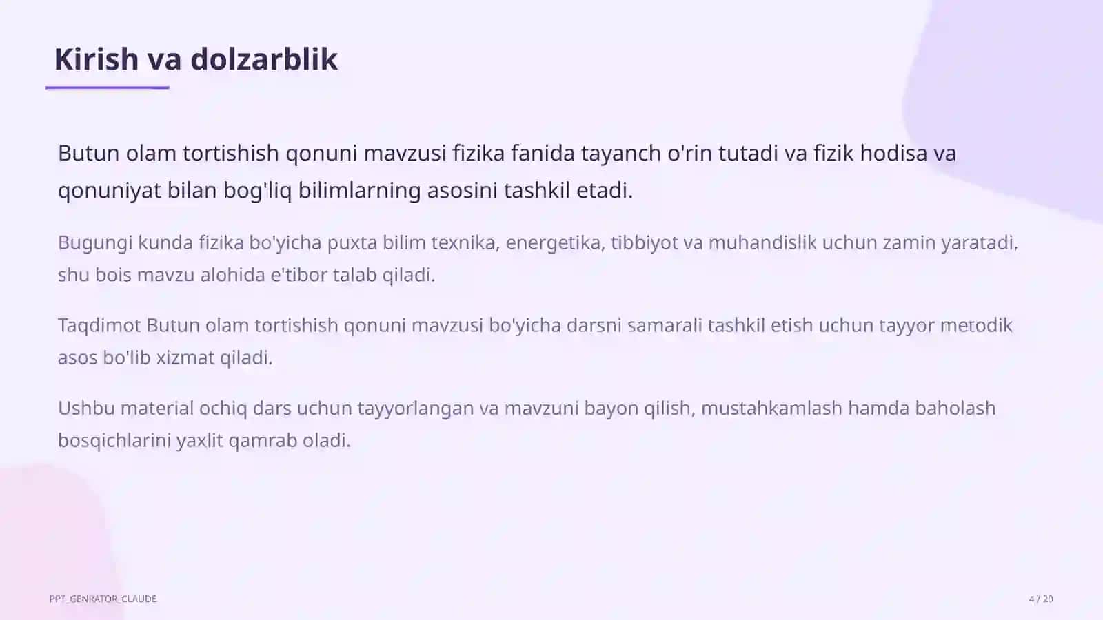 Butun olam tortishish qonuni (9-sinf) Fizika (6–11) 4