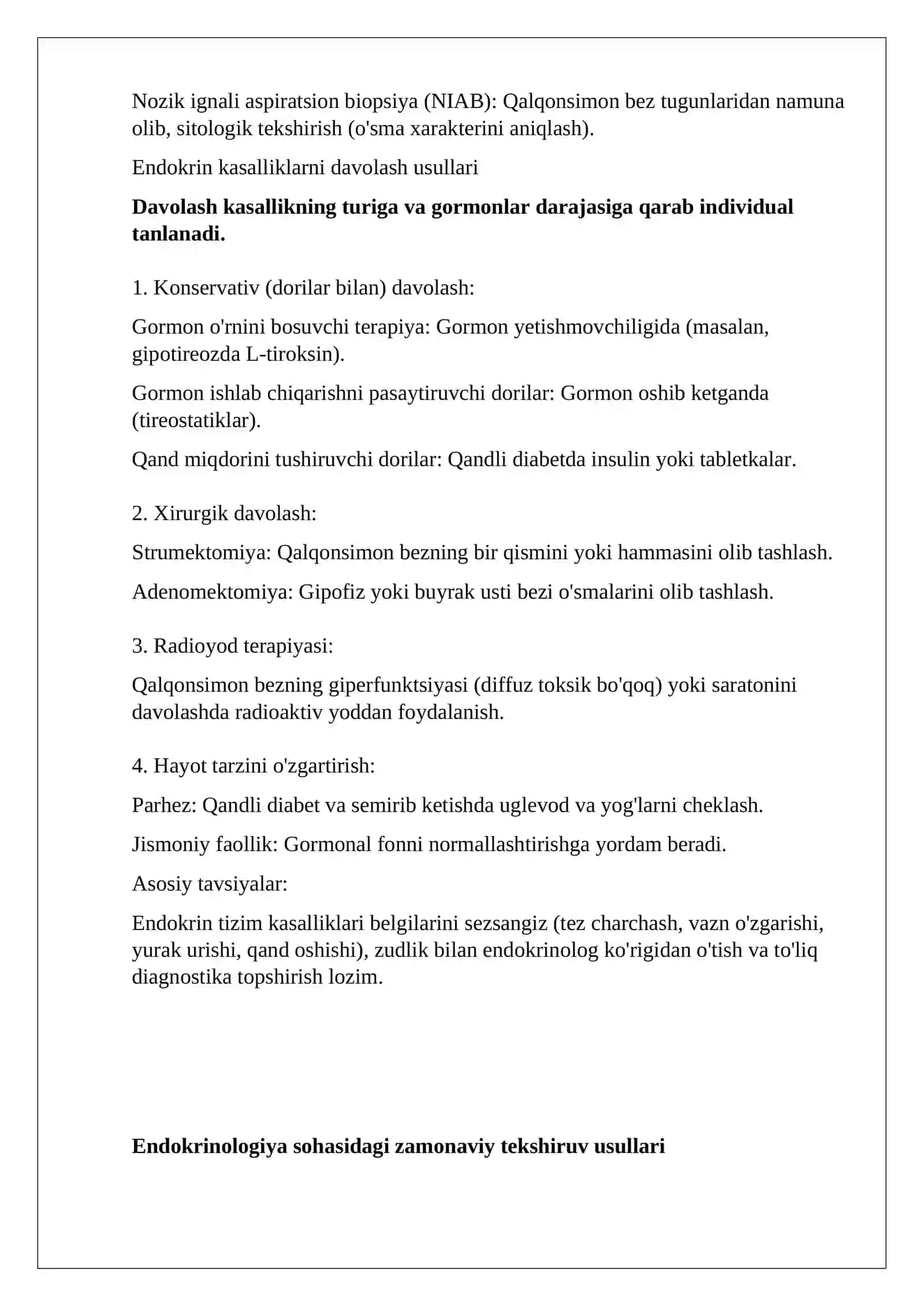 Endokrin a’zo kasalliklarini o'rganishda qo'llaniladigan davolash va diagnostikaning zamonaviy usullari 4