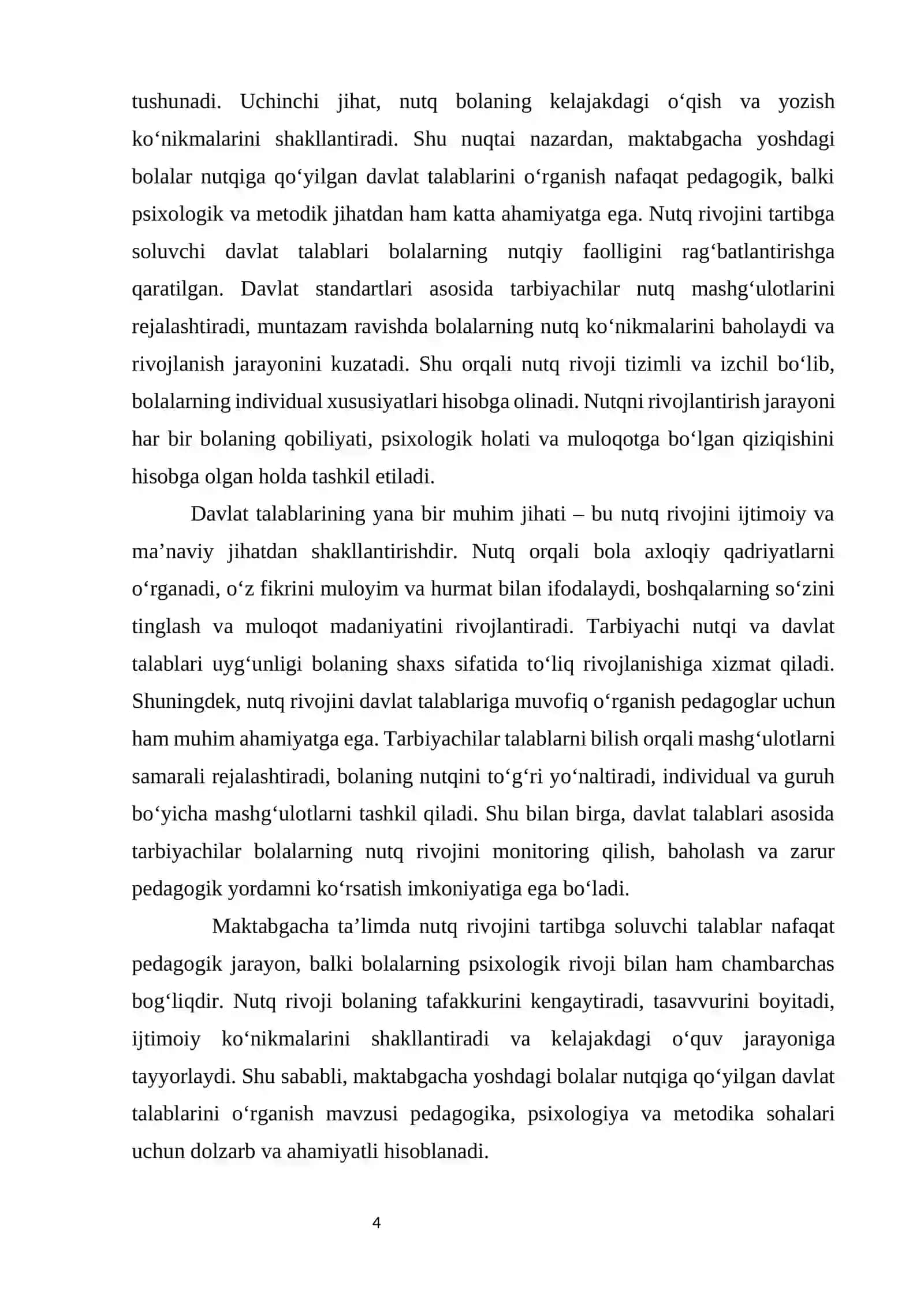 KURS ISHI “NUTQ O’STIRISH METODIKASI” FANIDAN MAVZU: MAKTABGACHA YOSHDAGI BOLALAR NUTQIGA QO'YILGAN DAVLAT TALABLARINI O'RGANISH 4