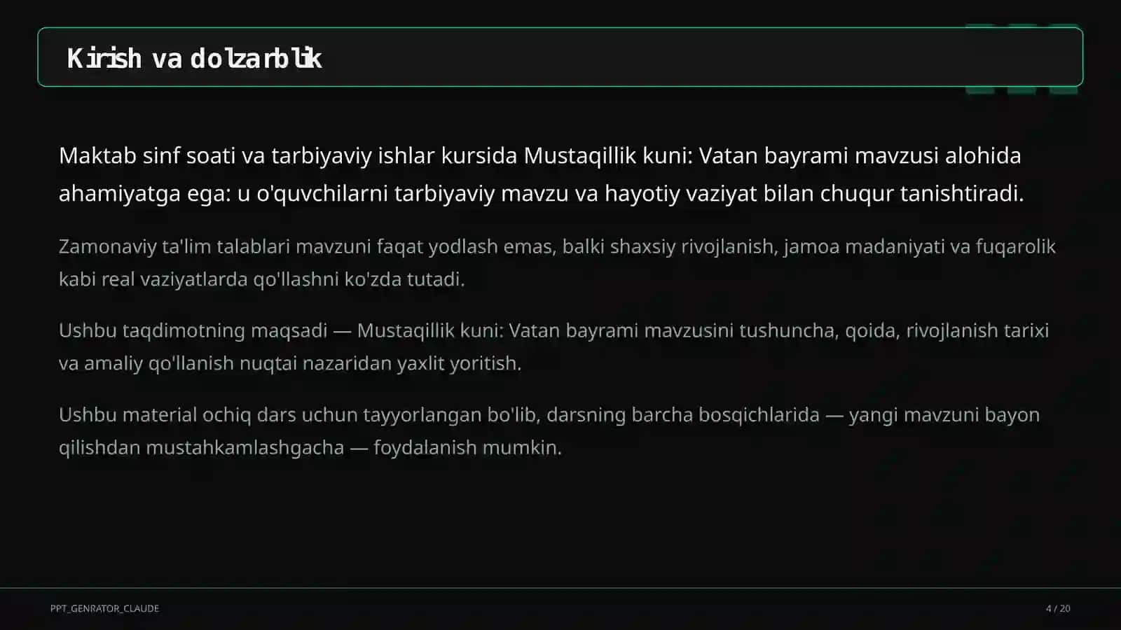 Sinf soati va tarbiyaviy tadbirlar (1–11) — ochiq dars uchun 4