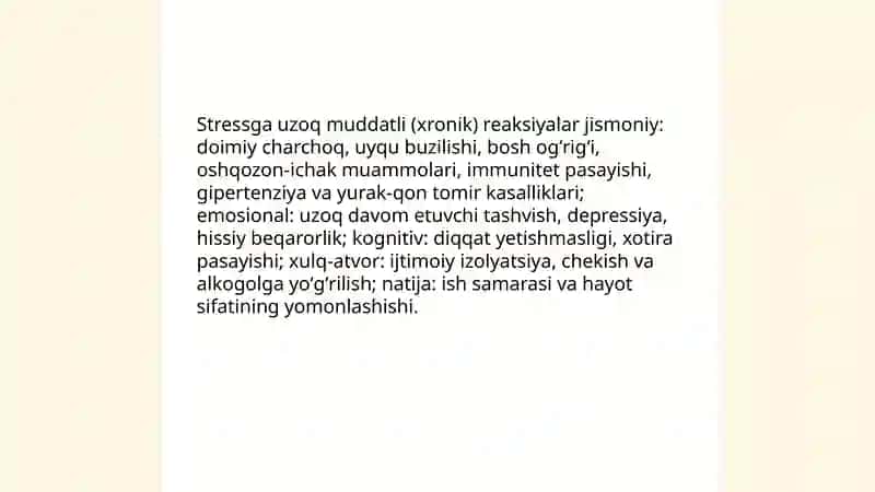 Insonning stressga reaksiyalarining turlari (darajalari) 4