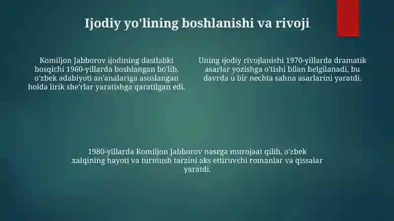Komiljon Jabborovning tarjimai holi va ijodiy yo'li 4