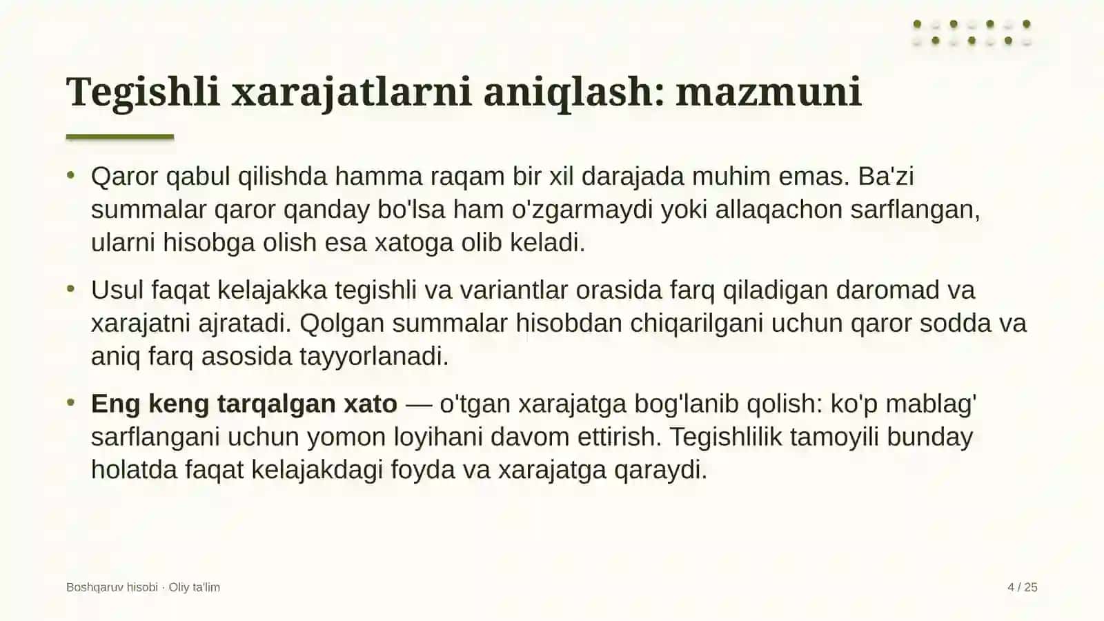 Chakana savdoda qaror qabul qilish uchun tegishli xarajatlarni aniqlash 4