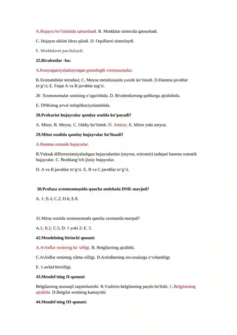 Tibbiy biologiya fanidan STOM-1-kurs talabalari uchun YAB test savollari 4