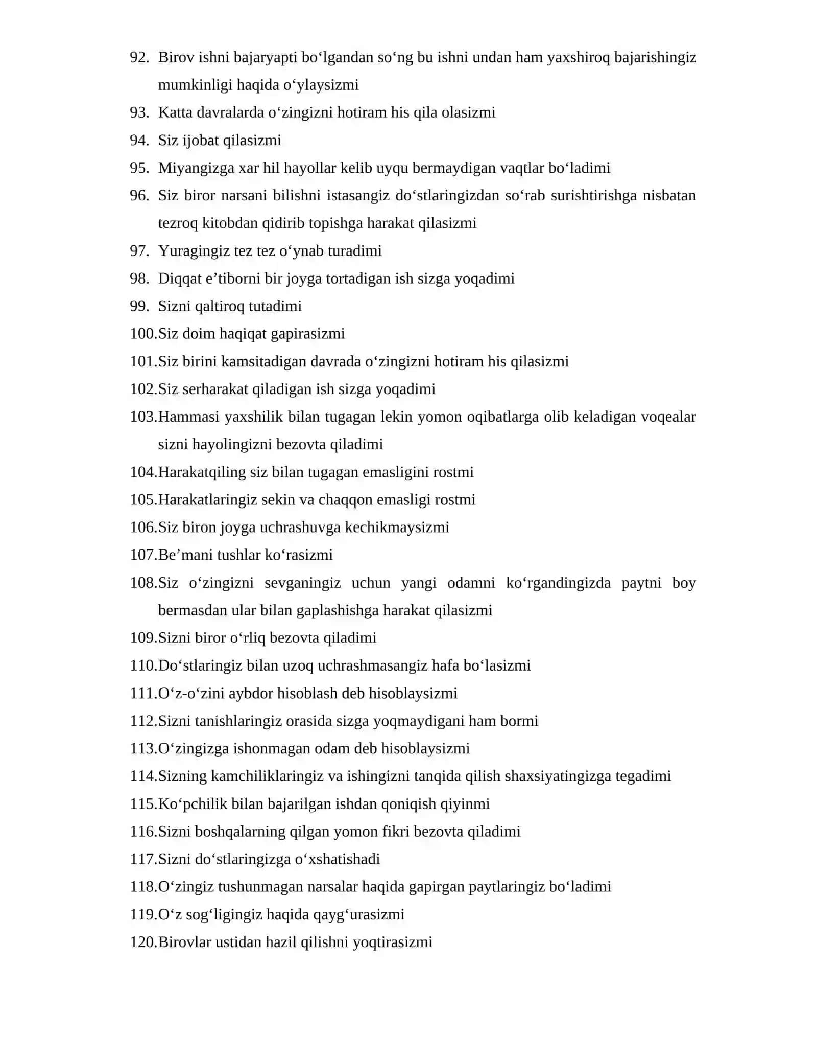 Harbiy aviatsiya instituti PSIXOLOGIK TEST SAVOLLARI HA/YO’Q (120 ta) 4