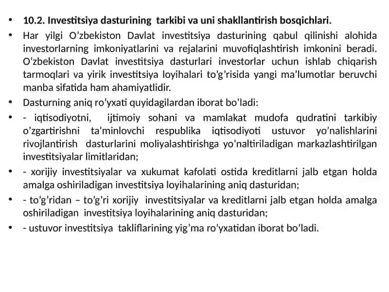 Investitsiyadasturiningmohiyati,ahamiyati,unishakllantirishningasosiytamoyillarivaustuvoryo’nalishlari 4