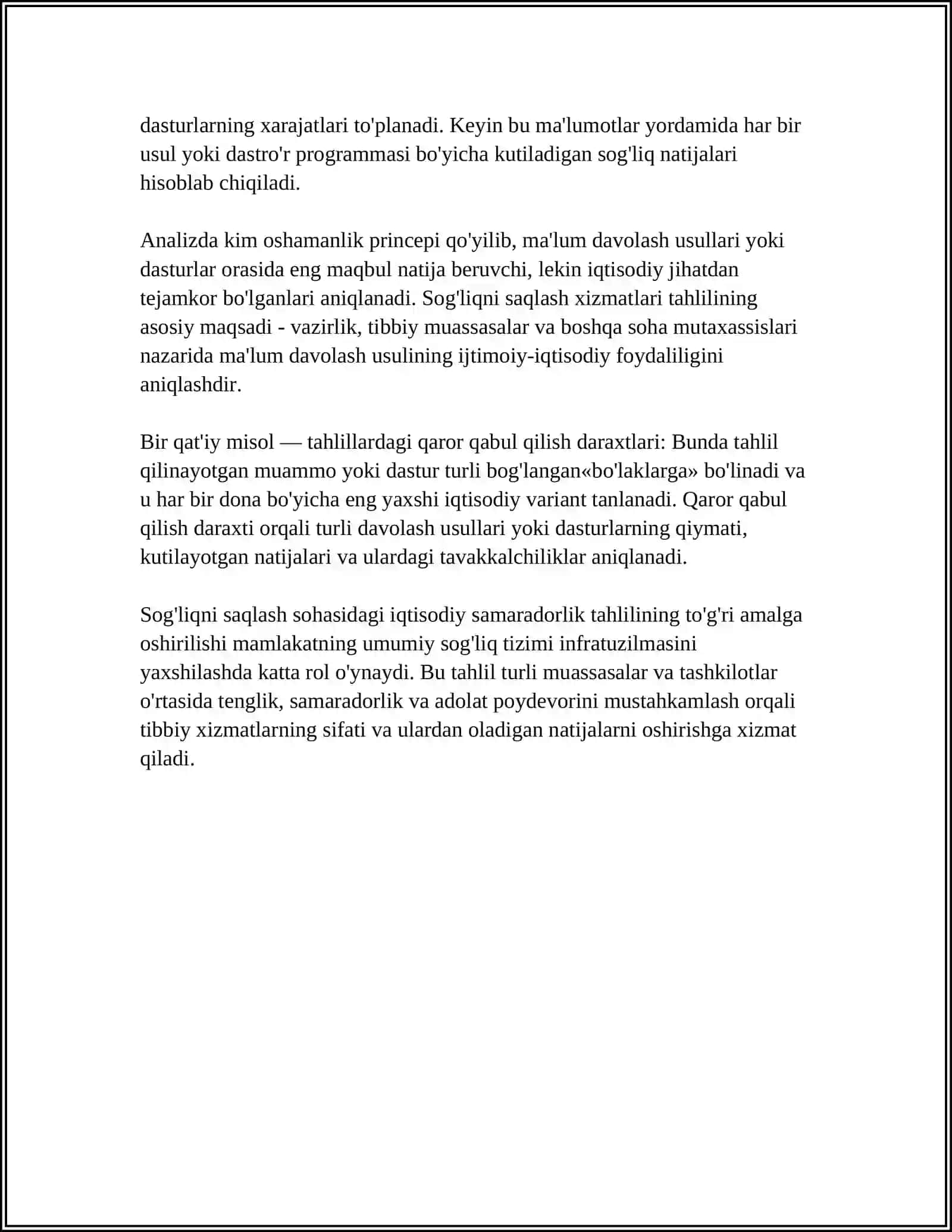 SOG'LIQNI SAQLASHNING IQTISODIY SAMARADORLIGINI TAHLIL QILISH USULI 4