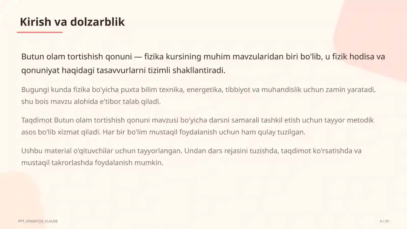 Butun olam tortishish qonuni (9-sinf) 4