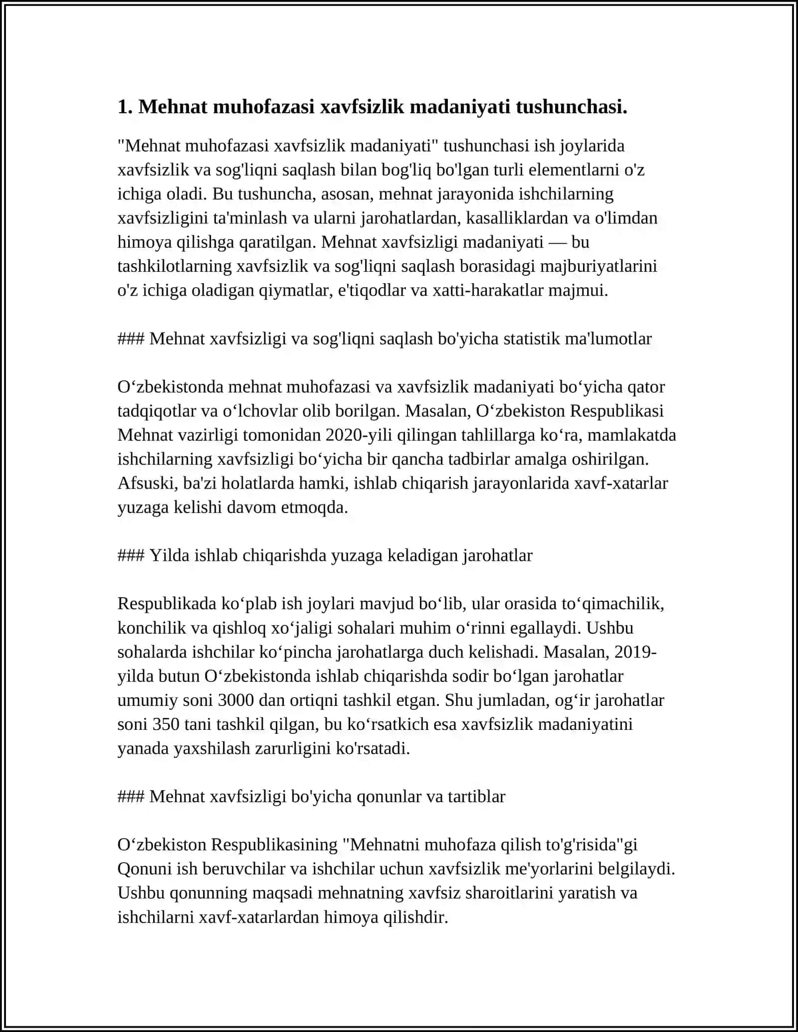 DAVLATIMIZDA VA CHET ELLARDAGI MEHNAT MUHOFAZASI FAOLIYATI XAVFSIZLIGINING MADANIYATINI HOLATI 4