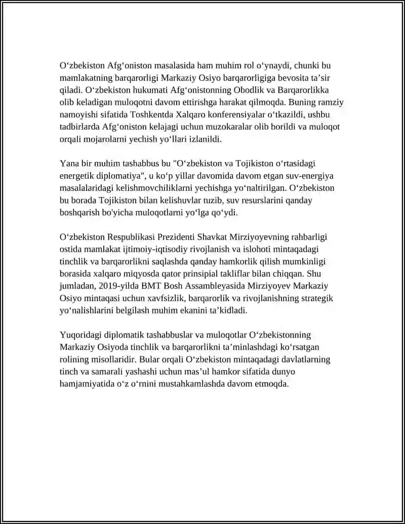 O‘zbekistonning Markaziy Osiyoda Tinchlik va Barqarorlikni Ta'minlashdagi O‘rni 4