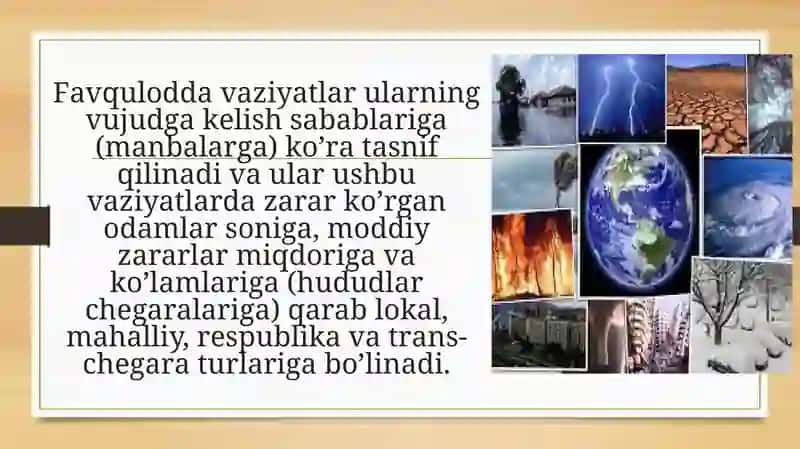 Tаbiiy, Texnogen, Ekologik va Ijtimoiy TUSDAGI FAVQULOTDA VAZIYATLARDA HAYOT FAOLIYATI XAVFSIZLIGI VA FUQARO MUHOFAZASI 4