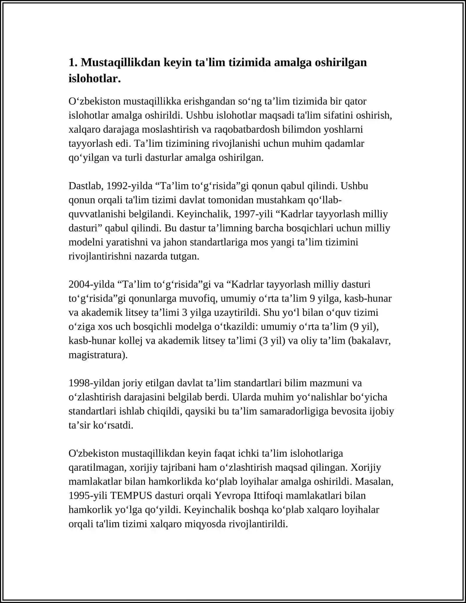 Oʻzbekistonda Mustaqillikdan Keyin Ta'lim Sohasidagi Ishlohotlar 4