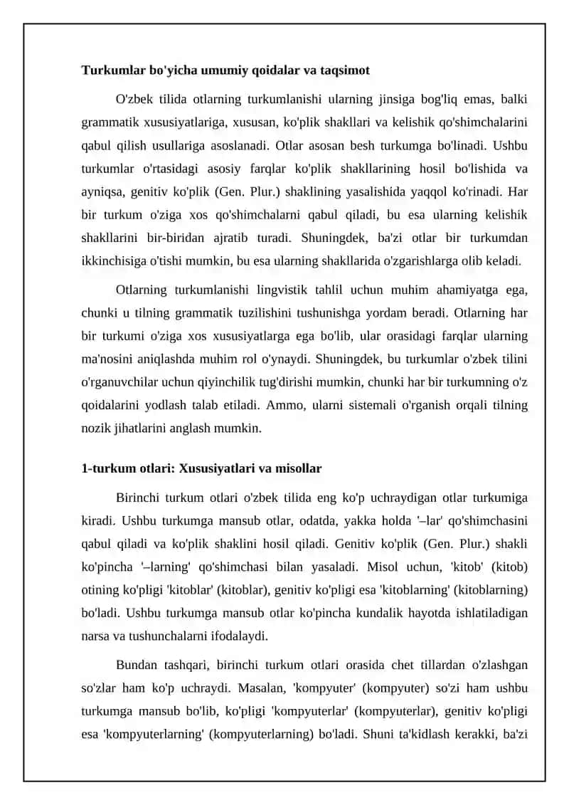 Otlarning 1-5 turlanishi: Bosh (Nom. Pulr.)qaratqich kelishigi qoʻshimchalari koʻplikda (Gen. Pulr.) 4