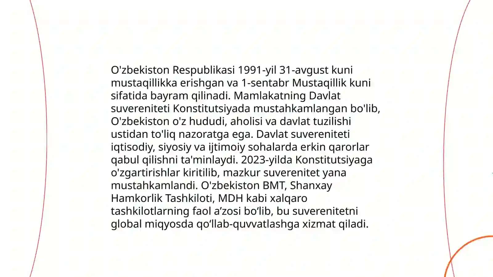 Mustaqil O'zbekiston Respublikasi tashkil topishining tarixiy ahamiyati. O'zbekistonning o'ziga xos istiqlol va taraqqiyot yo'li 4