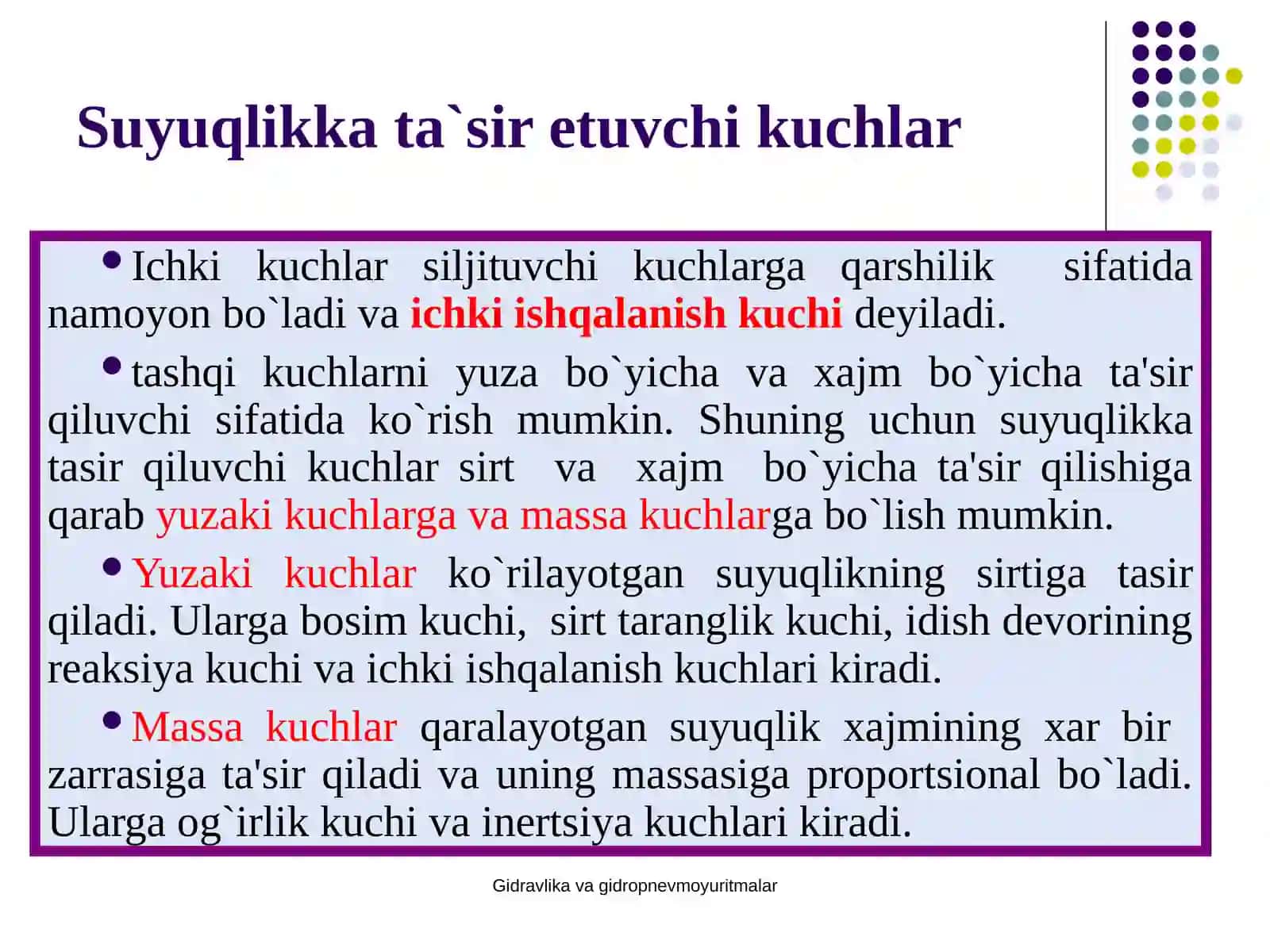DЕVORLARGA SUYUQLIKNING BOSIM KUCHI.NISBIY TINCHLIK 4