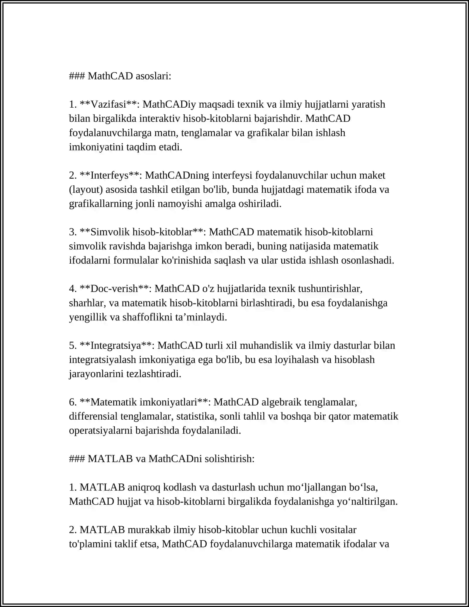 MUSTAQIL ISH Mavzu: MATCAD VA MATLAB 4