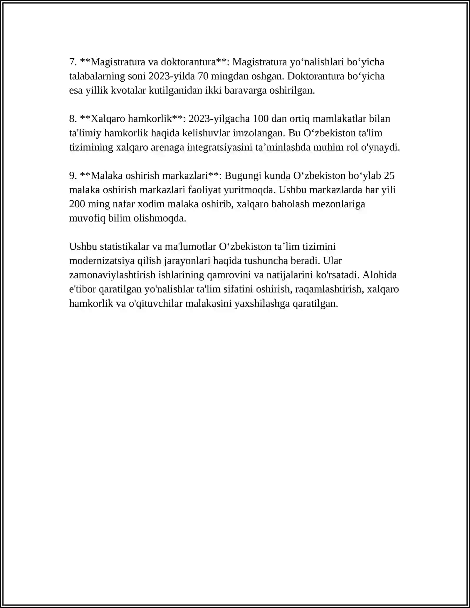 OʻZBEKISTON RESPUBLIKASIDA TAʼLIM TIZIMINI RIVOJLANTIRISHNING KONSEPTUAL ASOSLARI REFERAT 4