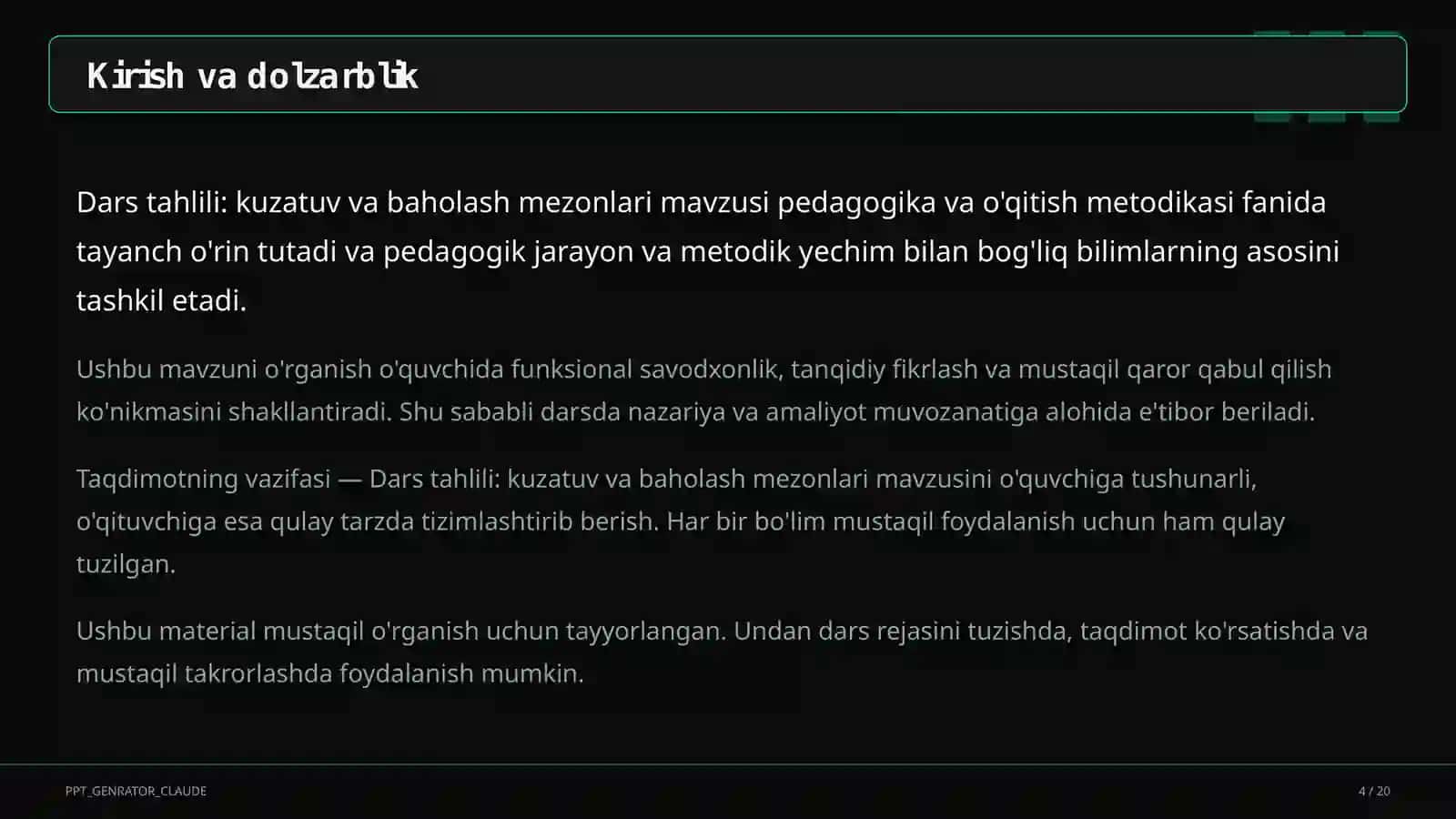 Dars tahlili: kuzatuv va baholash mezonlari 4