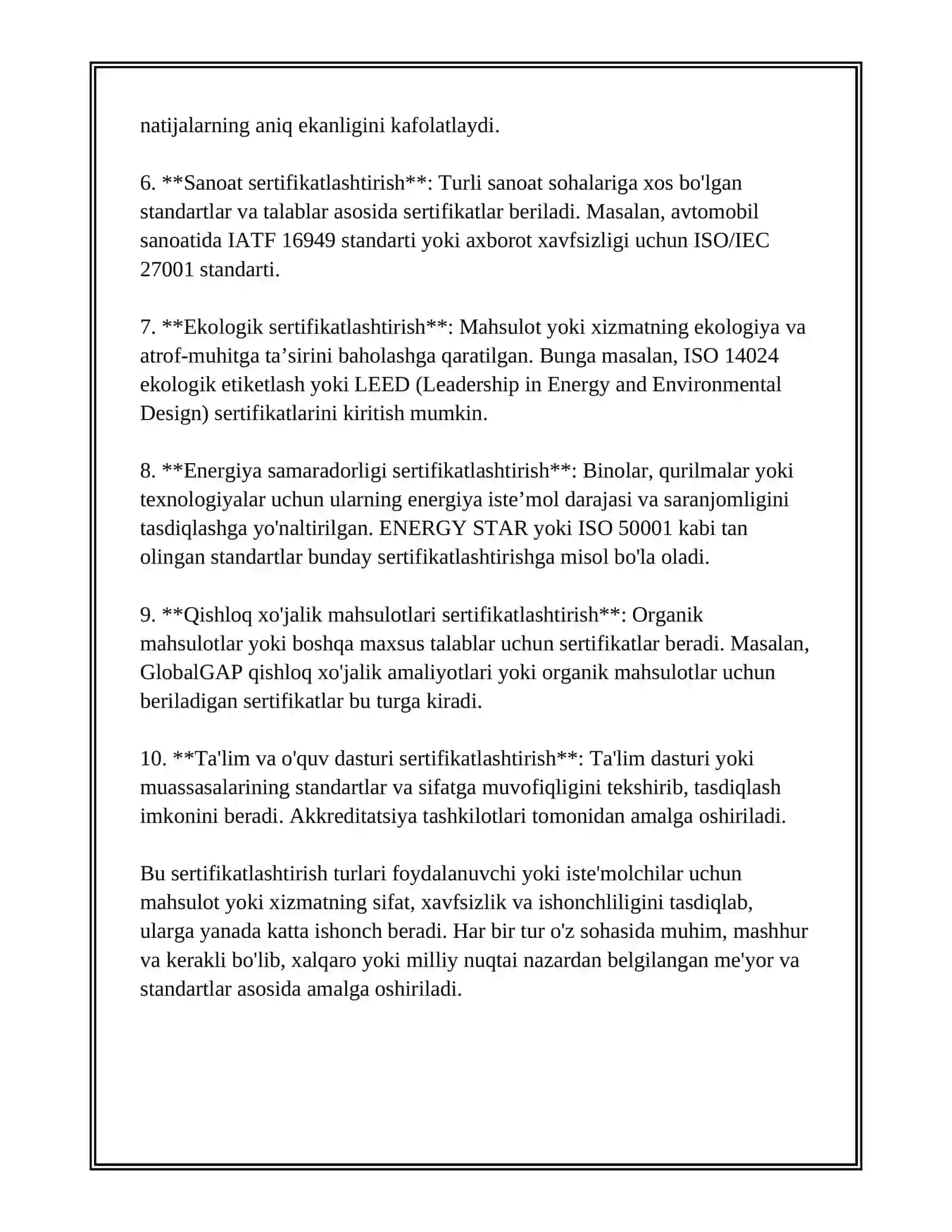 REFERAT Mavzu: SERTIFIKATLASHTIRISH ASOSIY MA’LUMOTLAR XALQARO SERTIFIKATLASHTIRISH TASHKILOTLARI 4