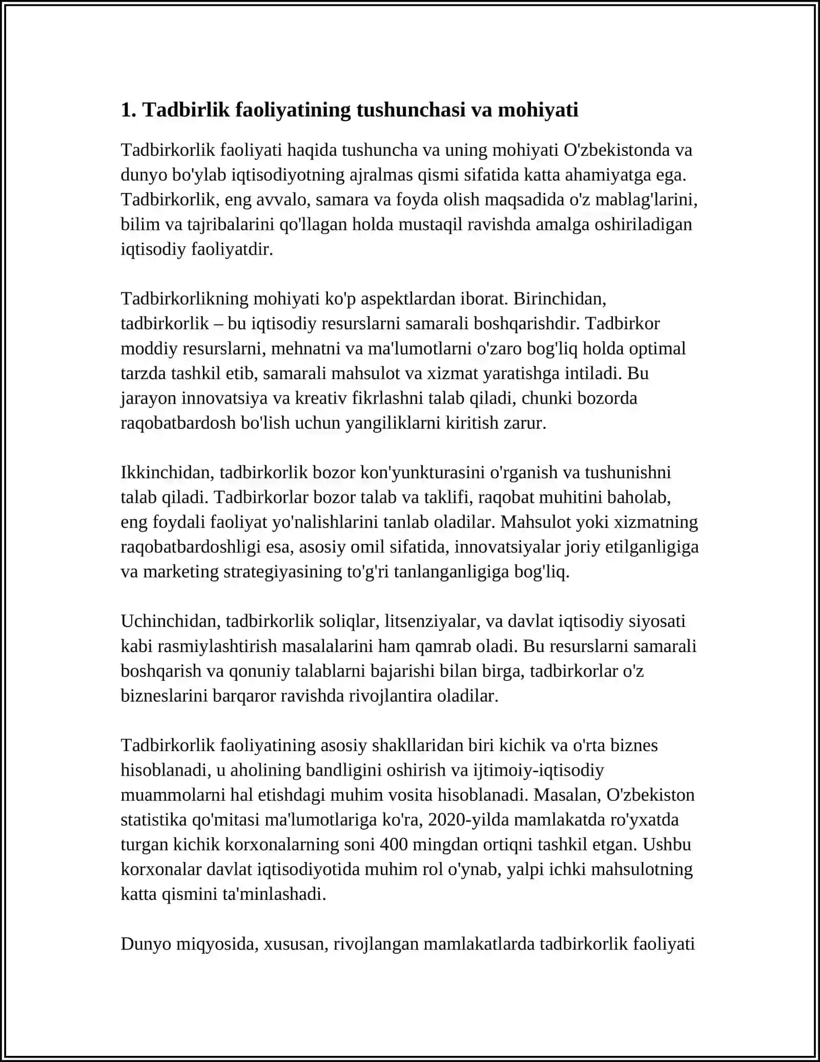 TADBIRKORLIK FAOLIYATINING MOHIYATI VA IQTISODIY MAZMUNI. TADBIRKORLIK FAOLIYATINING RIVOJLANISH SHART-SHAROITLARI 4