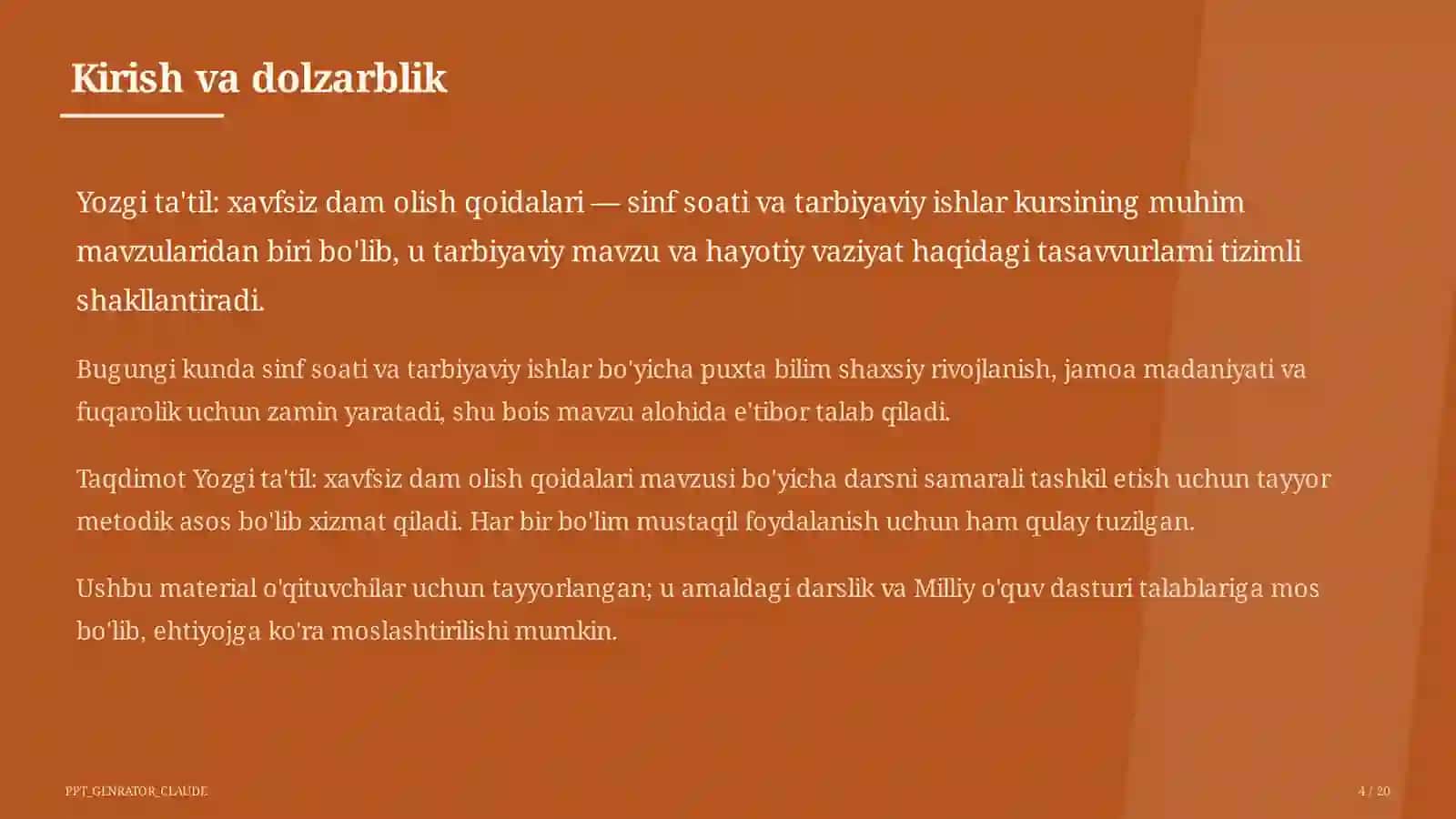 Sinf soati va tarbiyaviy tadbirlar (1– 11) — o'qituvchilar uchun 4
