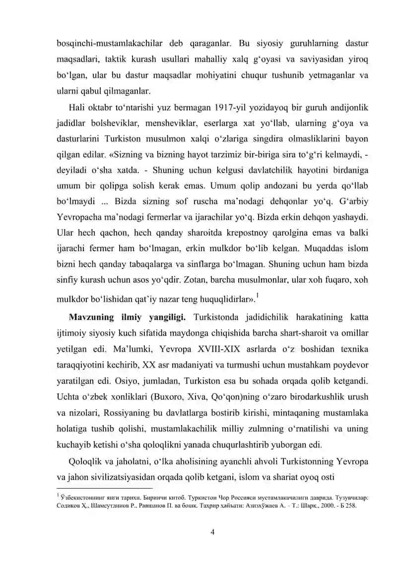 Istilol yo’lida milliy rahbar kadrlarning faoliyati, aynichi jadidlarning milliy harakat va sovet tuzumlash arafasi va sovet tuzumining o’rnatilishi davri qatag’onlari misolida 4