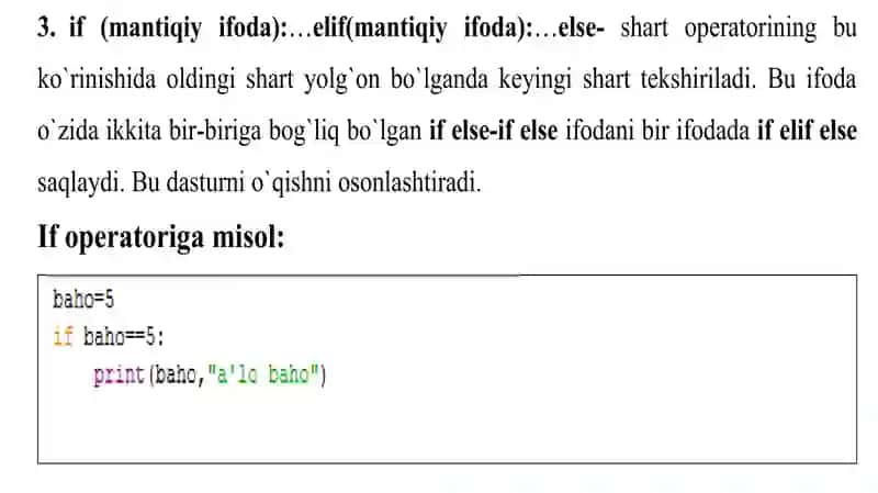 Python dasturlash tilida foydalaniladigan operatorlar 4