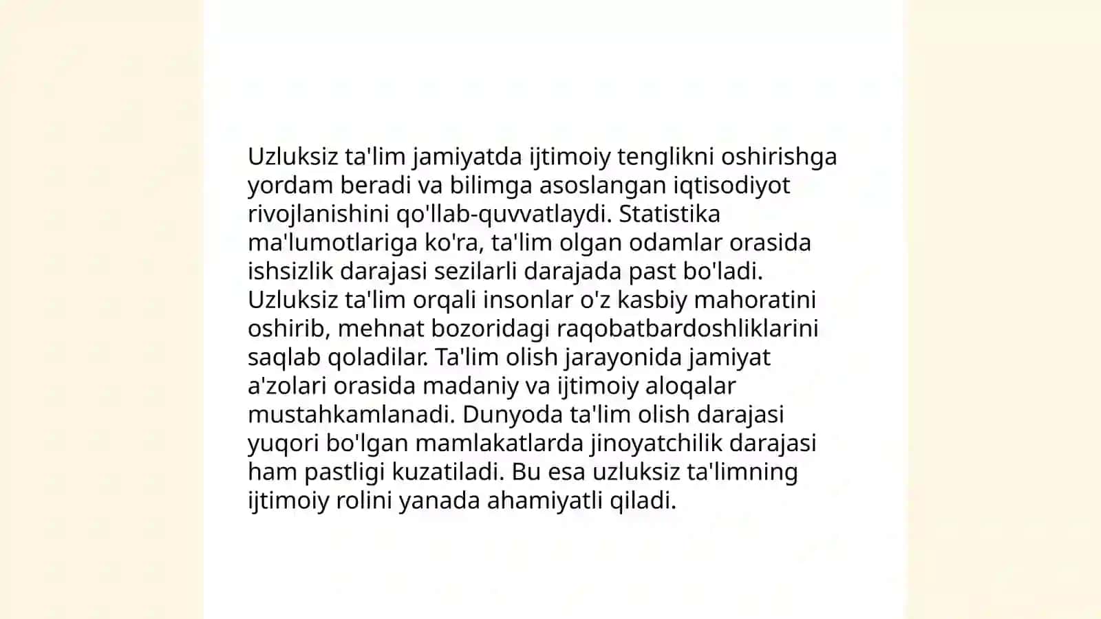 Termiz davlat pedagogika instituti Texnologik ta’lim yo’nalishi talabasi Ergasheva Ma’muraning Uzliksiz ta’lim tendensiyalari va zamonaviy yondashuvlar fanidan taqdimoti 4