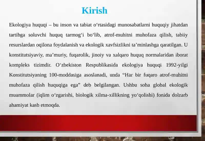Ekologiya huquqining tushunchasi, yo‘nalishlari, obyektlari tamoyillari 4