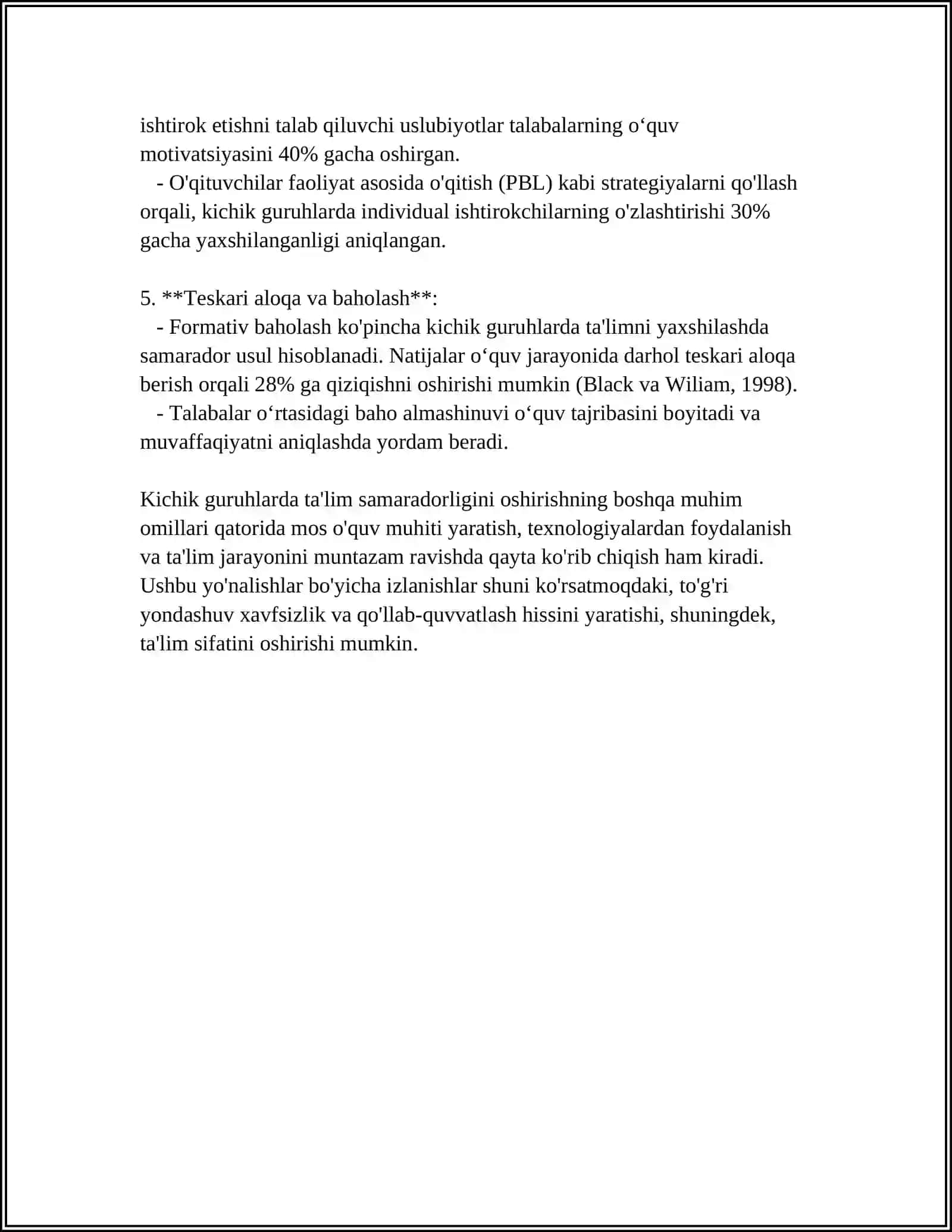 MUSTAQIL ISH Mavzu: GOSPITAL PEDAGOGIKANI KICHIK GURUHLARDA YOKI INDIVIDUAL TASHKIL ETISHNING XUSUSIYATLARI VA TA'LIM TEXNOLOGIYALARINI QOʻLLASH USULLARI 4