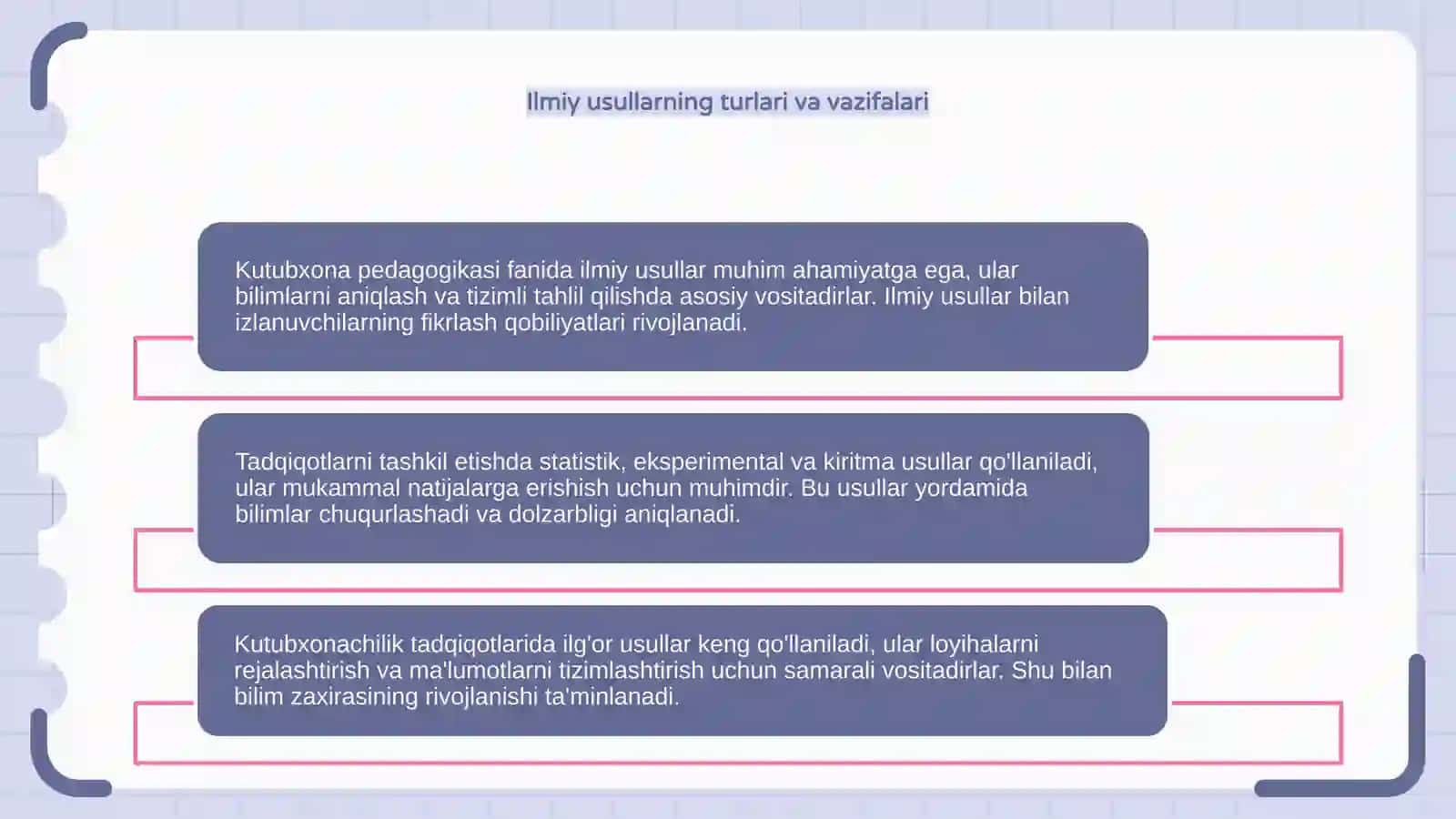 Kutubxona pedagogikasi fanining ilmiy usullari va kutubxonachilik tadqiqotlarini tashkil etilishi 4