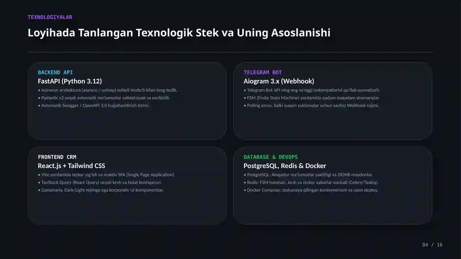 Telegram Bot va CRM TKorxona jarayonlarini avtomatlashtirish uchun Telegram bot va CRM tizimi (Diplom taqdimoti)izimi ishlab chiqish 4
