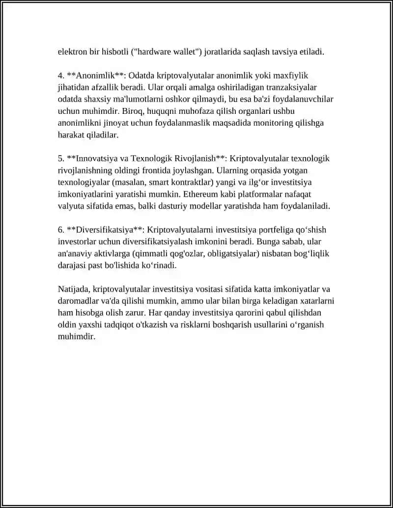 INVESTITSIYA VOSITASI SIFATIDA KRIPTOVALYUTALAR: XUSUSIY INVESTORLAR UCHUN XAVF VA FOYDA 4