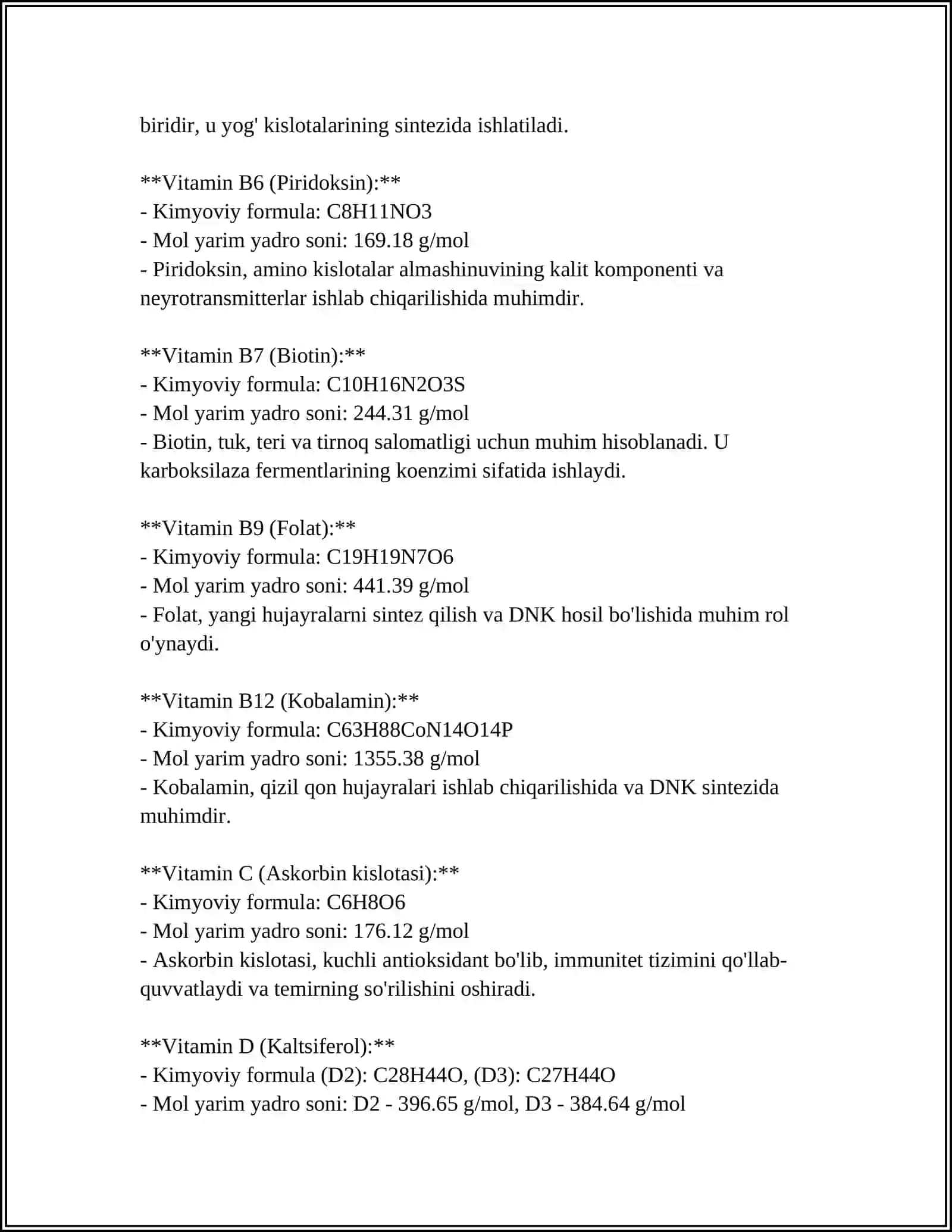 MUSTAQIL ISH Mavzu: VITAMINLARNING BIOKIMYOVIY ROLI 4