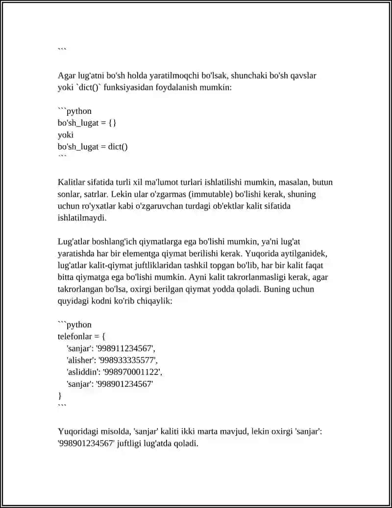 PYTHON DASTURLASH TILIDA LUG'ATLAR USTIDA AMALLAR 4